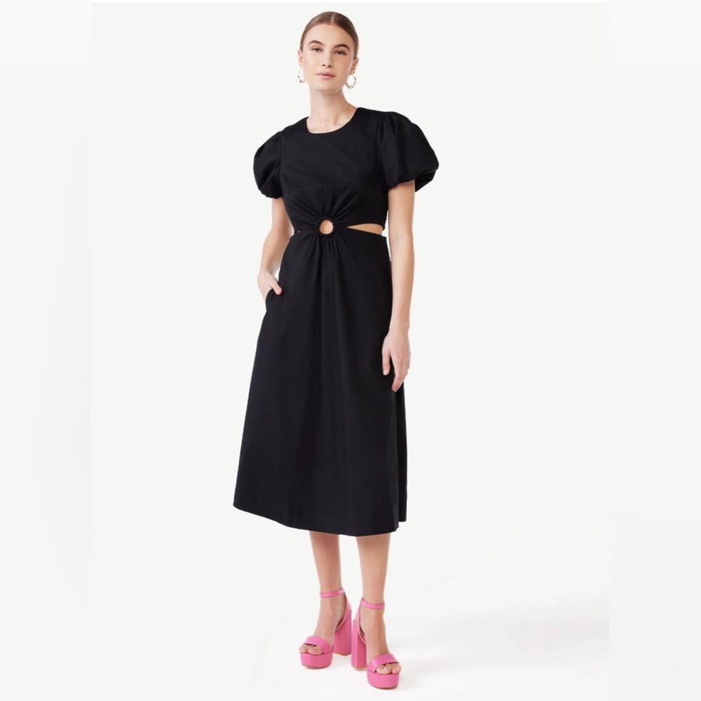 Scoop Cut out midi dress with O ring, puff sleeves, black, size M (8-10). NWOT